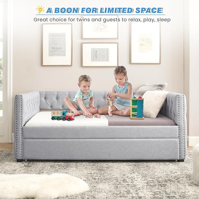 Daybed with Trundle, Modern Upholstered Full Size Day Bed Button-Tufted Sofa - Image 9