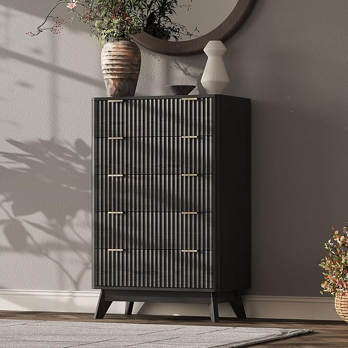 43'' Hight 5 Drawers Dresser for Bedroom, Modern Fluted Vertical Chest by TROJMHome