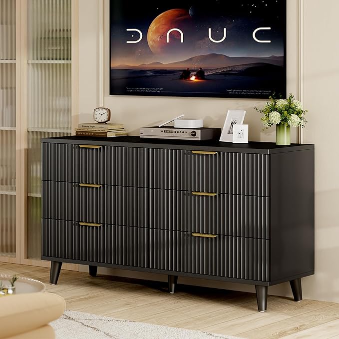 Lulive Black Dresser for Bedroom Wood Dressers Chest of Drawers, Fluted 54" - Image 5