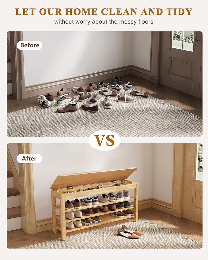 Shoe Rack Bench Seat Rubberwood 3-Tier Wooden Storage Bench 550lbs Compact - Image 6