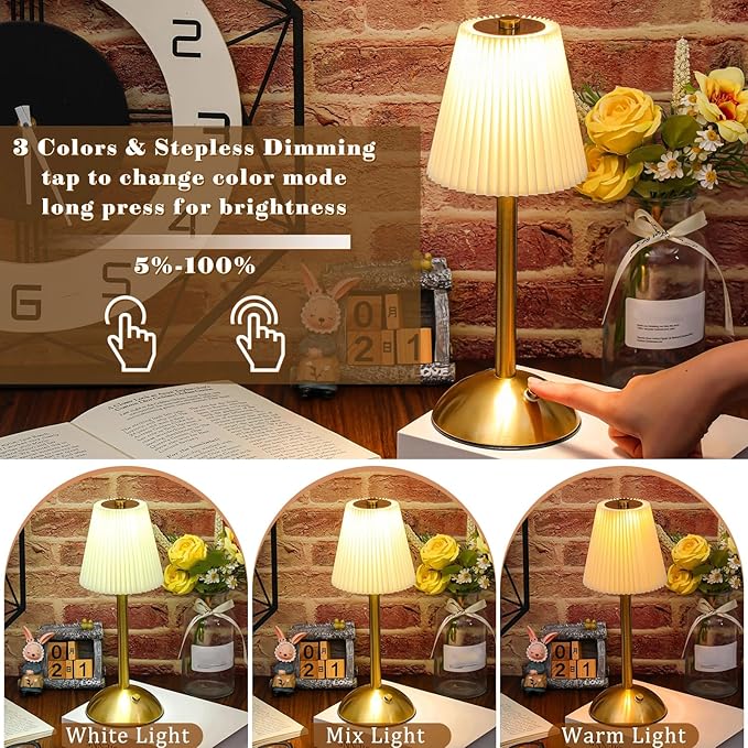Liliful 2 Pcs Cordless Table Lamp Rechargeable Touch LED Small Gold Portable - Image 4