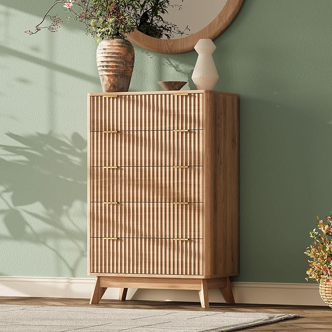 43'' Hight 5 Drawers Dresser for Bedroom, Modern Fluted Vertical Chest by TROJMHome