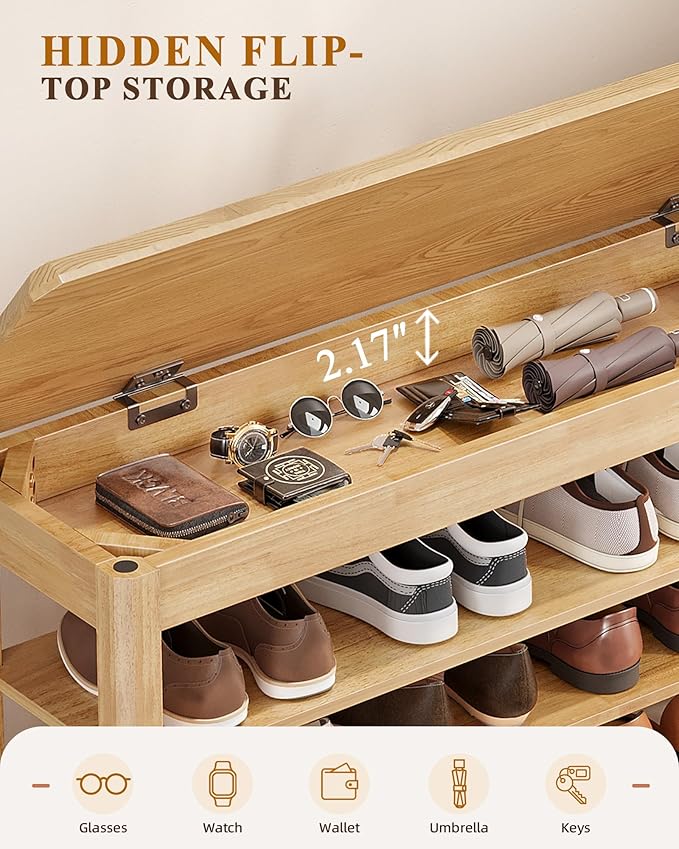 Shoe Rack Bench Seat Rubberwood 3-Tier Wooden Storage Bench 550lbs Compact - Image 6