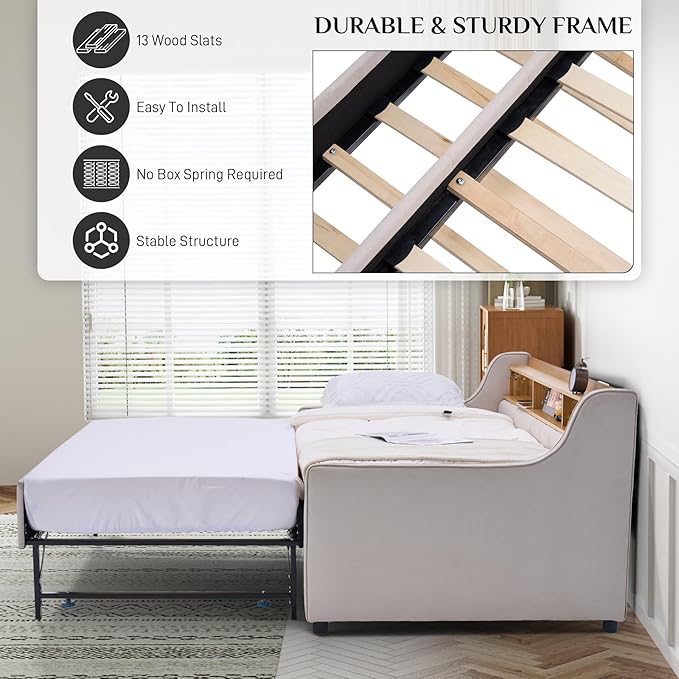 Twin Size Daybed with Pop Up Trundle Bed, Linen Fabric Upholstered Day Bed - Image 5