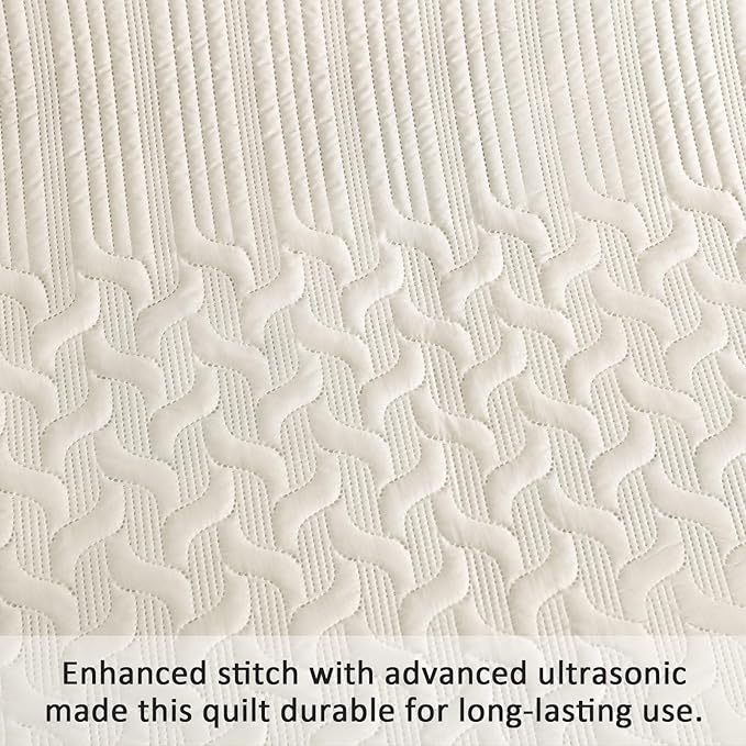 Yiran Beige Quilt Set King Size Lightweight Bedspread Ultrasonic Wave Pattern - Image 5