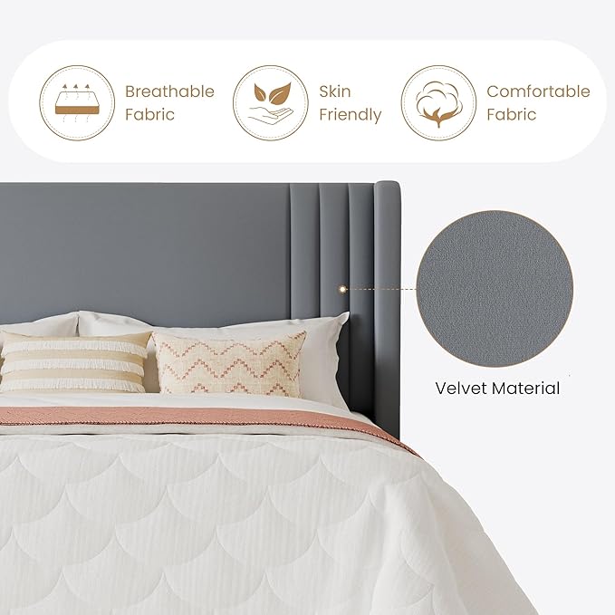 SHA CERLIN King Size Velvet Upholstered Platform Bed Frame - Image 6