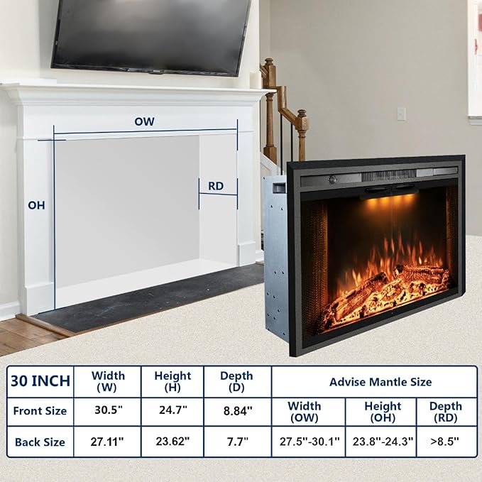 30 Inches Electric Fireplace Insert, 750W/1500W Fireplace Heater - Image 6