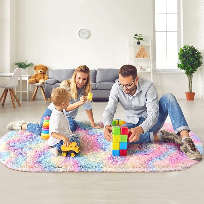 Noahas Oval Fluffy Rainbow Rug 2.6X5.3 Small Kids Rugs - Image 6