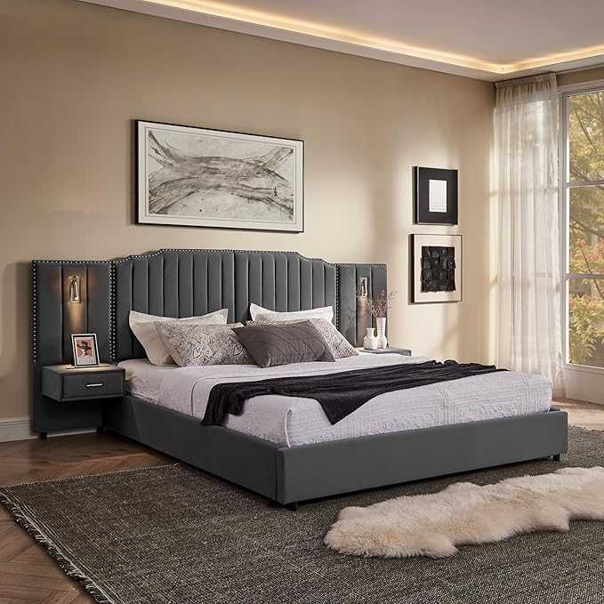 King Size Bed Frame with Storage, Luxury King Platform Bed Frame with Headboard by Firscook