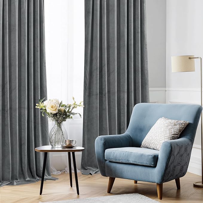 StangH Grey Velvet Curtains 84 inches Room Darkening Window Curtain Drapes - Image 7