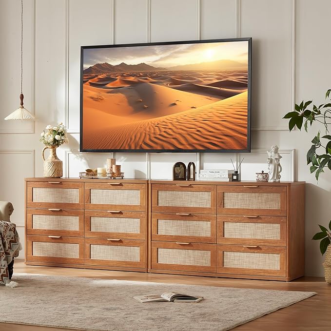 LEYAOYAO Rattan Dresser and Nightstand Sets 3, Boho Wood Dresser - Image 2