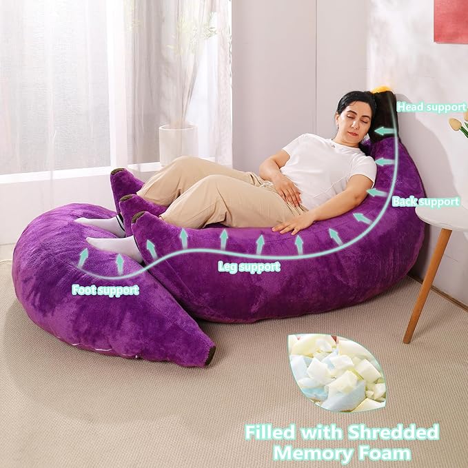 Banana Bean Bag Chair with Ottoman, Floor Sofa Bed with Footrest, Comfy - Image 3