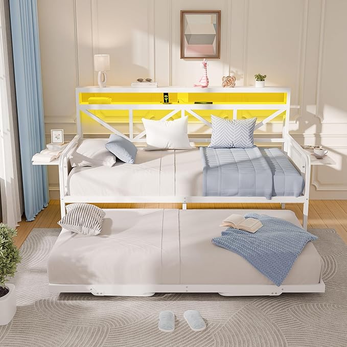 Daybed with Trundle, Heavy Duty Metal Twin Bed Frame with LED Lights & 2-Tier - Image 3