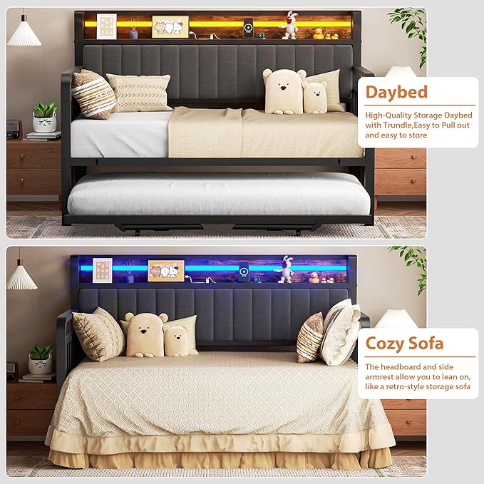 Daybed with Trundle and LED Light, Heavy Duty Metal Twin Bed Frame with - Image 8