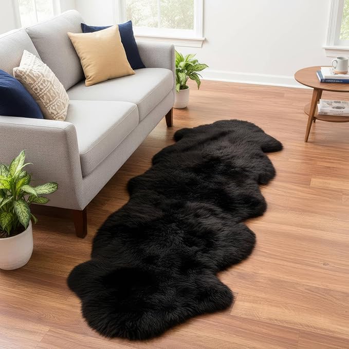 Authentic Black Sheepskin Rug 2x6 ft, Genuine Double Pelt Fluffy Fur Area Rug - Image 3