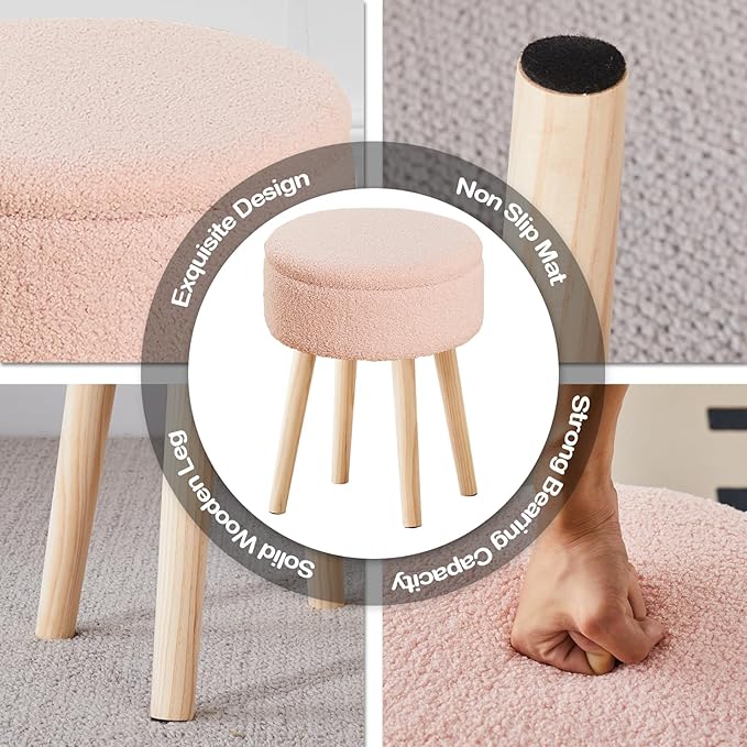 Mxfurhawa Storage Ottoman Foot Stool Teddy Velvet Round Vanity Stool Tray Top - Image 5