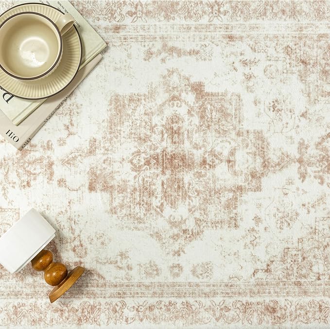 Runner Rug 2x12 Cream Hallway Washable Beige Carpet Non Slip Vintage Medallion - Image 6