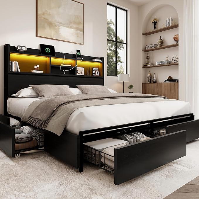 Queen Storage Bed Frame with 6 Drawers, USB Charging Station, No Noise by Breltam