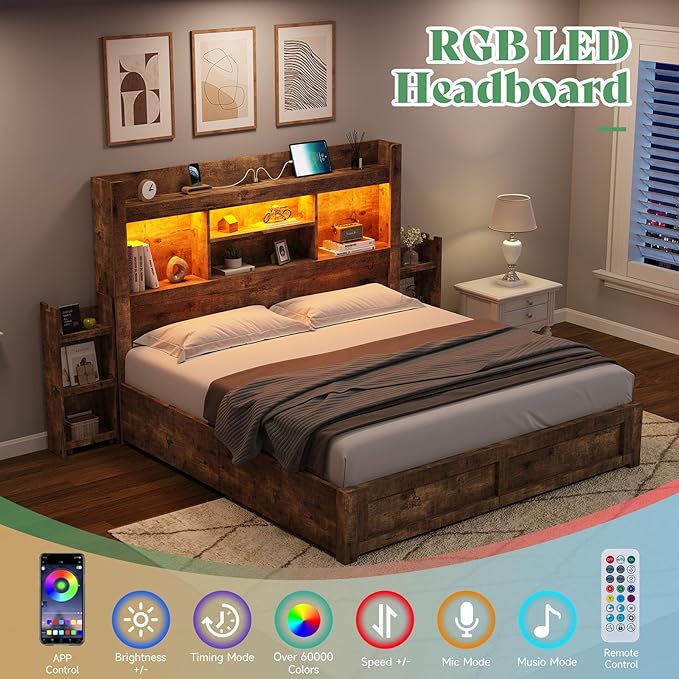 AMERLIFE Queen Bed Frame with 4 Storage Drawers, Wood Bed Frame with 49.6" Tall - Image 3