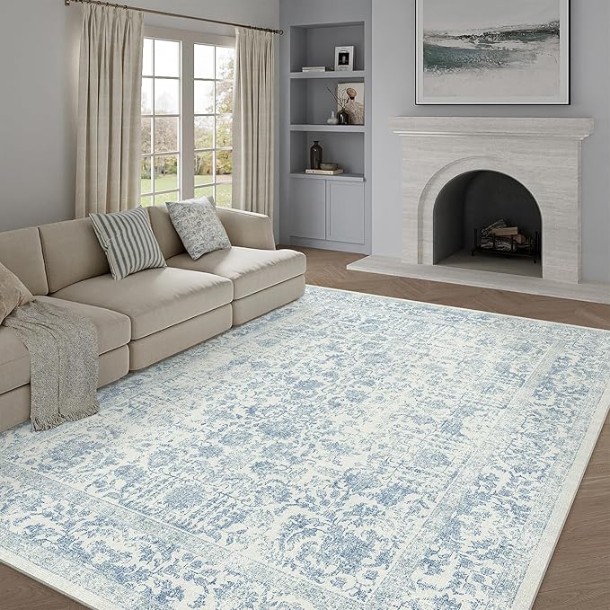 Blue Area Rug 9x12 Machine Washable Large Vintage Living Room Distressed Non - Image 5