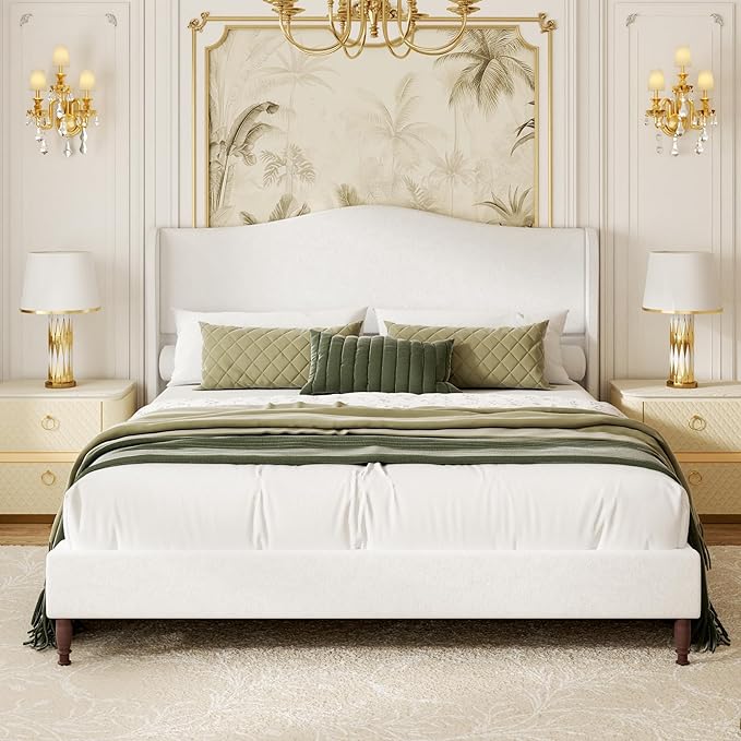 Queen Size Upholstered Platform Bed Frame, Vintage Solid Wood Legs, Easy by wirpexhowak