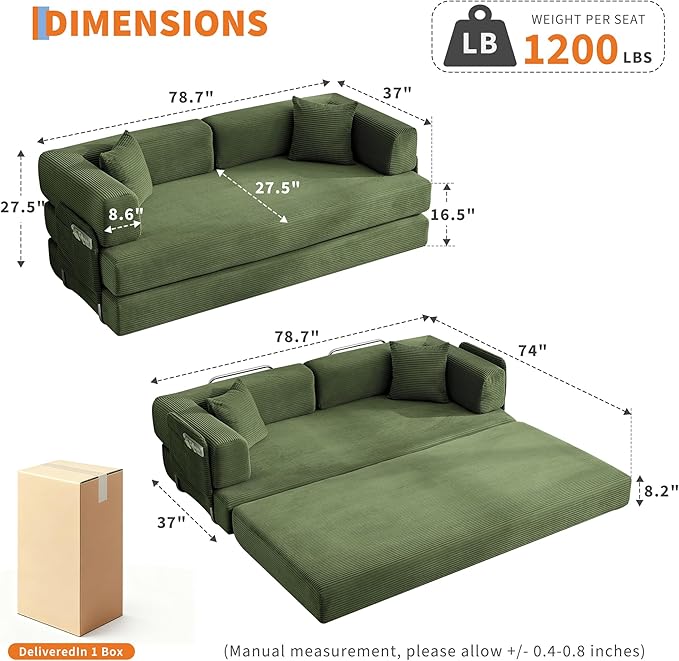 Garvee 5-in-1 Convertible Sofa Bed, 78.8" Modular Corduroy Sleeper - Image 2