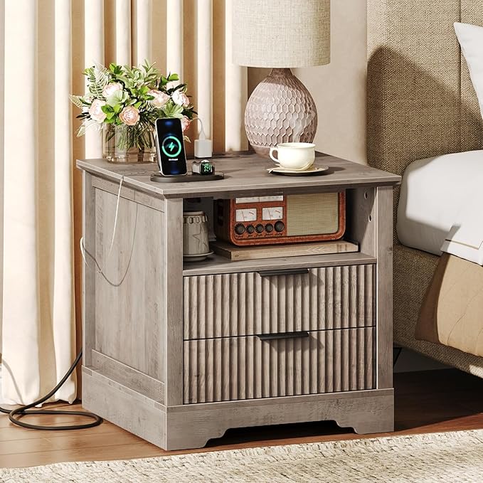 Fluted Nightstand Set of 2, Farmhouse Bedside Table - Image 2