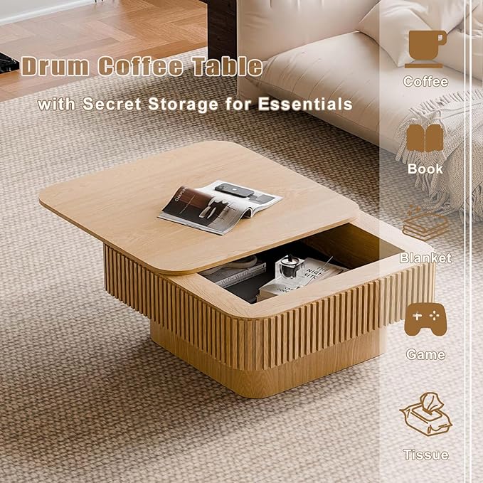 Square Small Coffee Table with Storage, Modern Wooden Coffee Table with Solid - Image 5