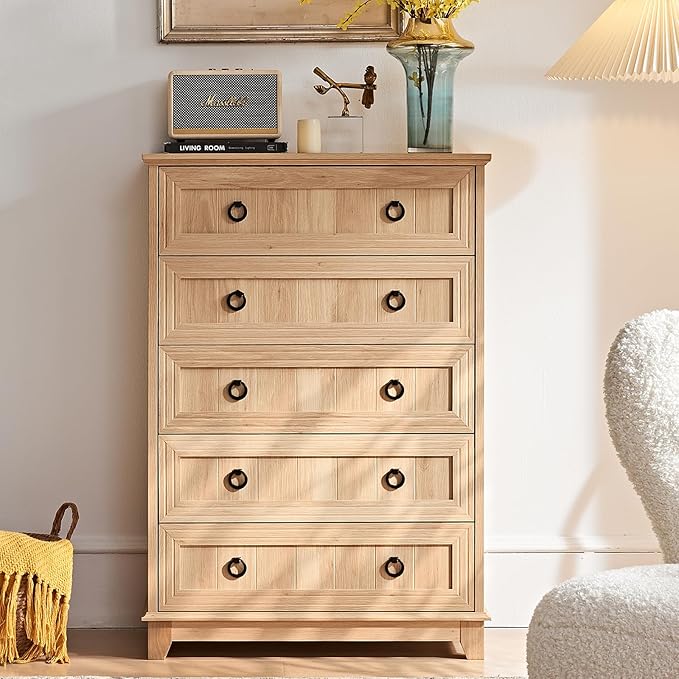 Farmhouse 5 Drawer Dresser for Bedroom Set of 2, Rustic Wood Dresser - Image 6