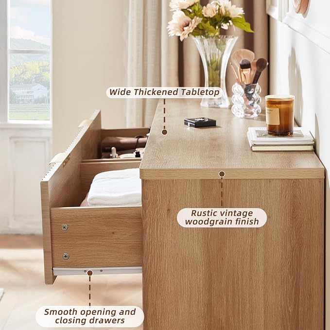 LEYAOYAO Fluted 6 Drawers Dresser Set of 2, Natural Curved Profile Dresser TV - Image 8