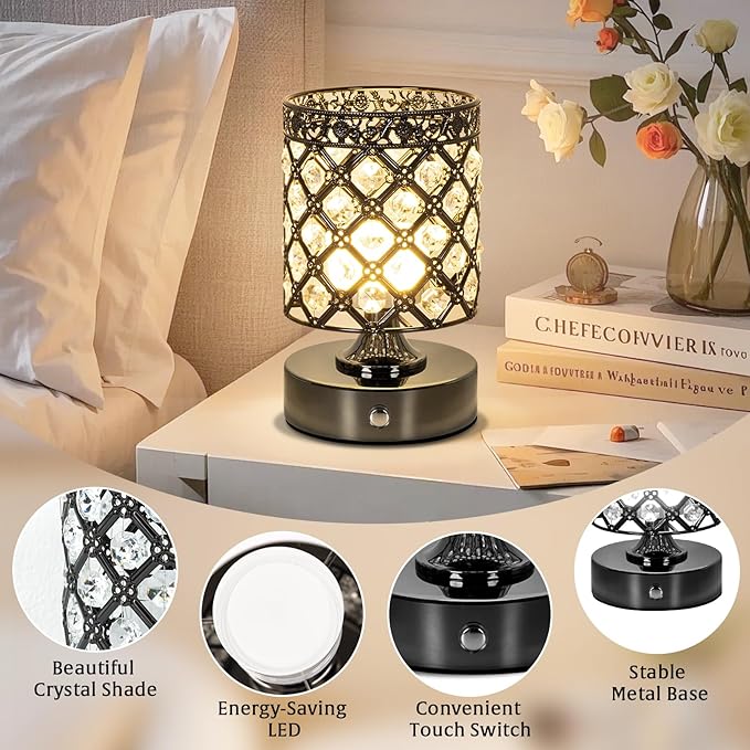 TOBUSA Black Rechargeable Cordless Table Lamp, Portable 6000mAh Crystal Battery - Image 5