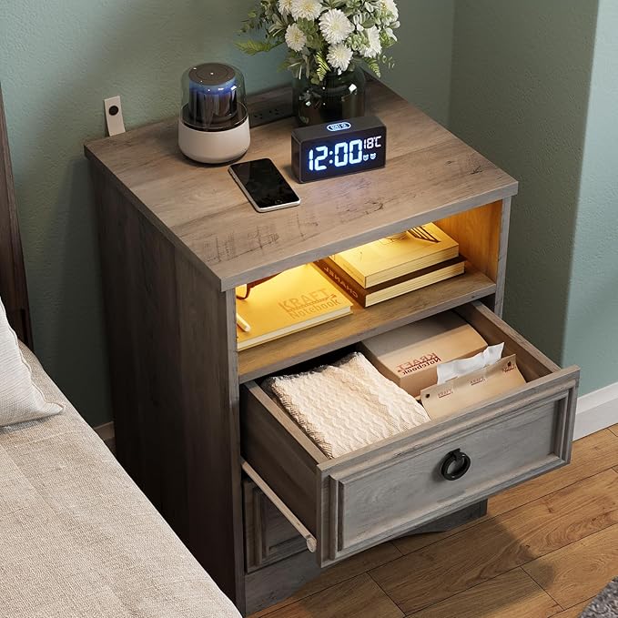 Large Nightstand Set of 2 with Drawers, 17.7"W Accent Night Stand with Charger - Image 8