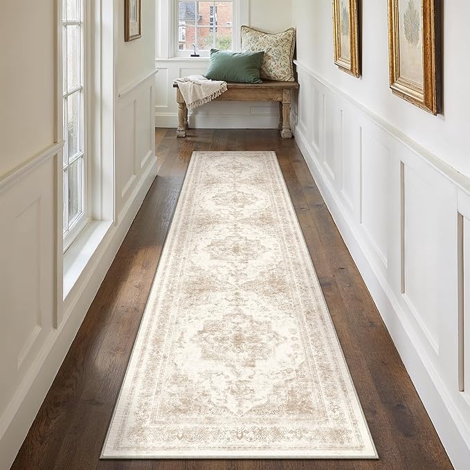 Runner Rug 2x12 Cream Hallway Washable Beige Carpet Non Slip Vintage Medallion by PureCozy