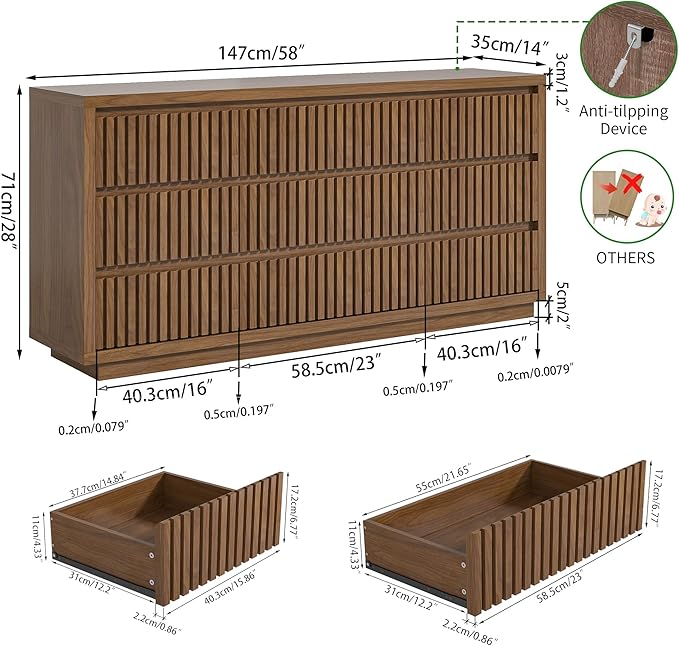 Fluted Long 9 Drawer Dresser, Large Mid Century Dresser - Image 2