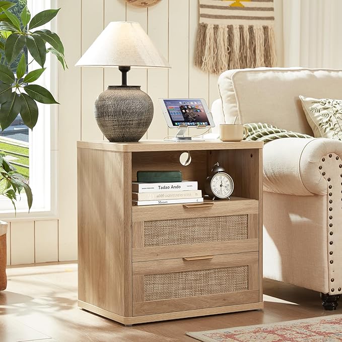 LEYAOYAO Rattan Dresser and Nightstand Set of 3, Boho Wood Dresser - Image 9