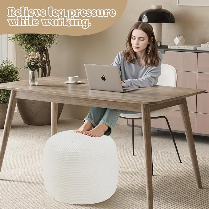 MeMoreCool Round Pouf Ottoman – Beige Corduroy Footrest - Image 6