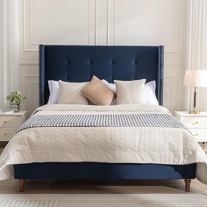 Queen Size Upholstered Bed Frame, Hand Buttoned Tufting Headboard Beds/No Box by Unknown