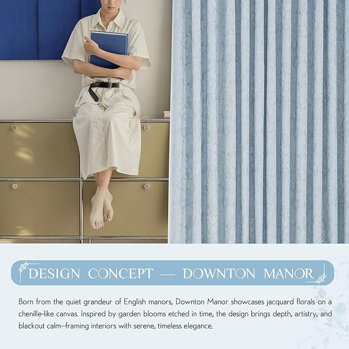 Beauoop Blue Floral Jacquard Blackout Curtains 90 Inches Long 2 Panels - Image 9