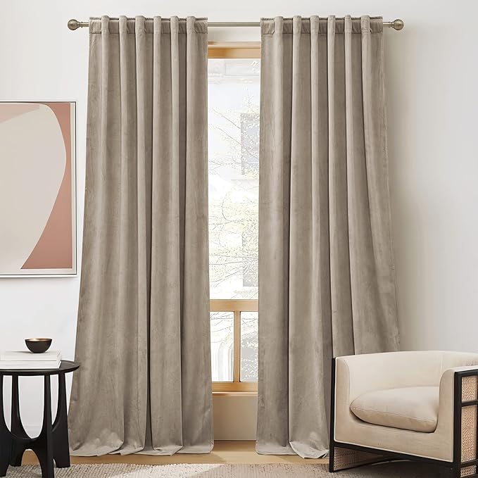 RYB HOME Camel Beige Velvet Curtains 102 inches, Back Tab Soft Fabric Room by RYBHOME