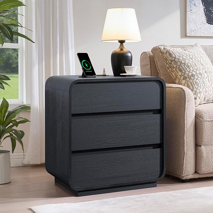Black Night Stand with Charging Station, Modern End Table Dresser with 3 - Image 8