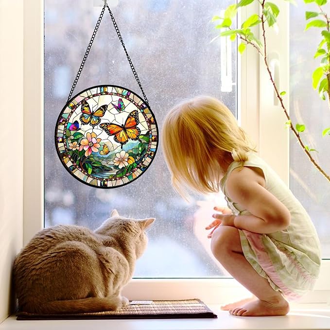DASTOLL Stained Glass Window Hanging, Butterflies Flying in The Sky Suncatcher - Image 5