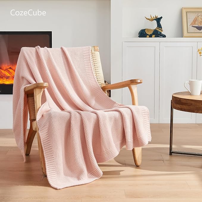 CozeCube Pink Throw Blanket for Couch, Soft Cozy Cable Knit Throw for Bed Sofa - Image 3
