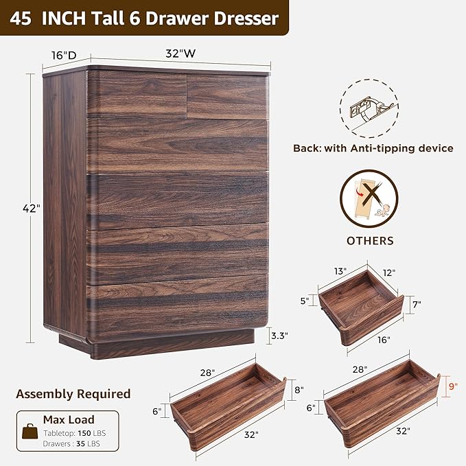 ACCOHOHO 6 Drawer Dresser for Bedroom, 42 Inch Tall Modern Chest of Drawers - Image 2