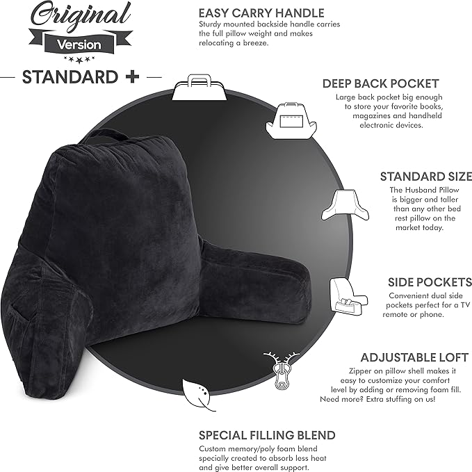 Husband Pillow Black, Original Reading Pillow in Bed Rest Chair, Shredded - Image 5