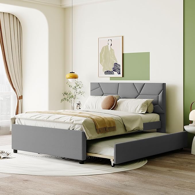 Full Size Bed Frame with Twin Size Trundle, Linen Upholstered Platform Bed by Unknown