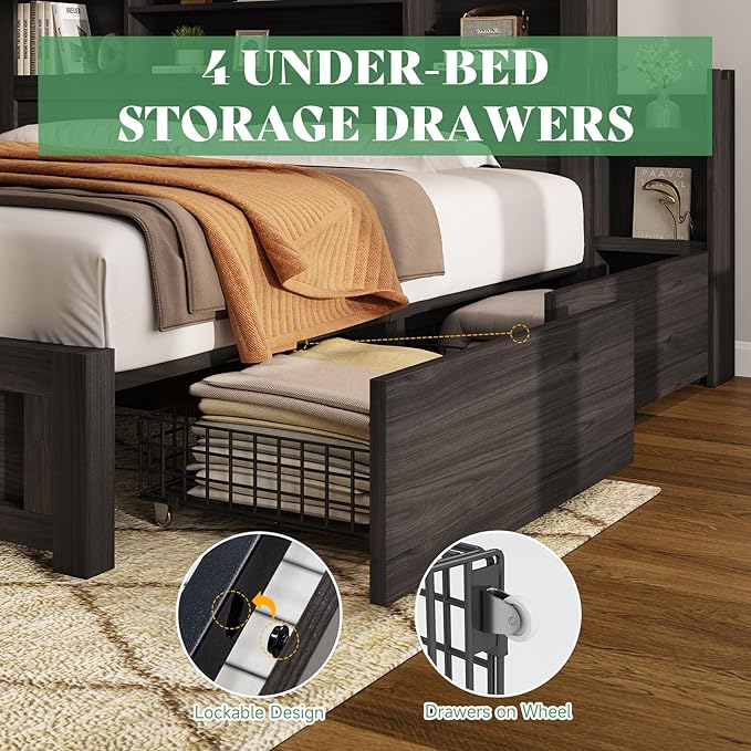 AMERLIFE Queen Bed Frame with 4 Storage Drawers, LED Bed Frame with 49.6" Tall - Image 5