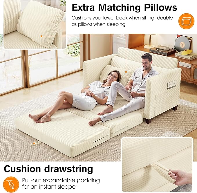 51" Loveseat Sleeper Sofa Bed, Corduroy Convertible Floor Sofa Bed - Image 3