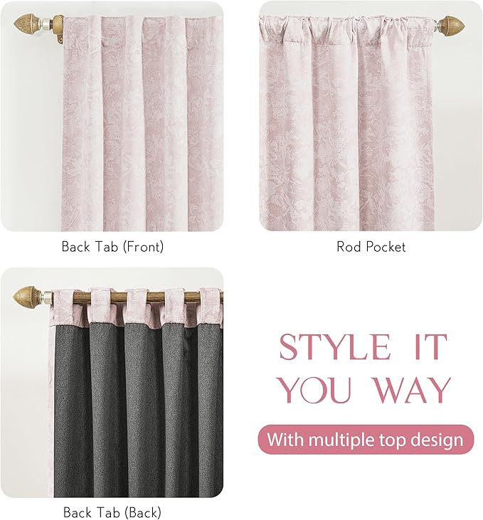 Beauoop Pink Floral Jacquard Blackout Curtains 84 Inches Long 2 Panels - Image 5
