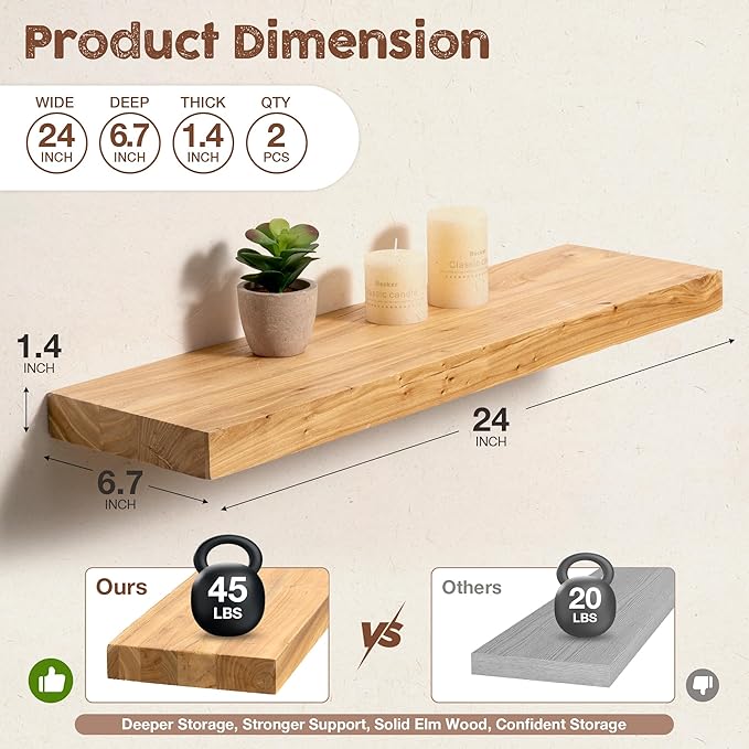 fuqing Floating Shelves for Wall, 24 inch Rustic Solid Elm Wood Floating Shelves - Image 3