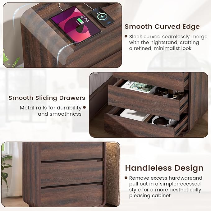 Walnut Nightstand with Charging Station, Modern Curved End Table with 3 Drawers - Image 6